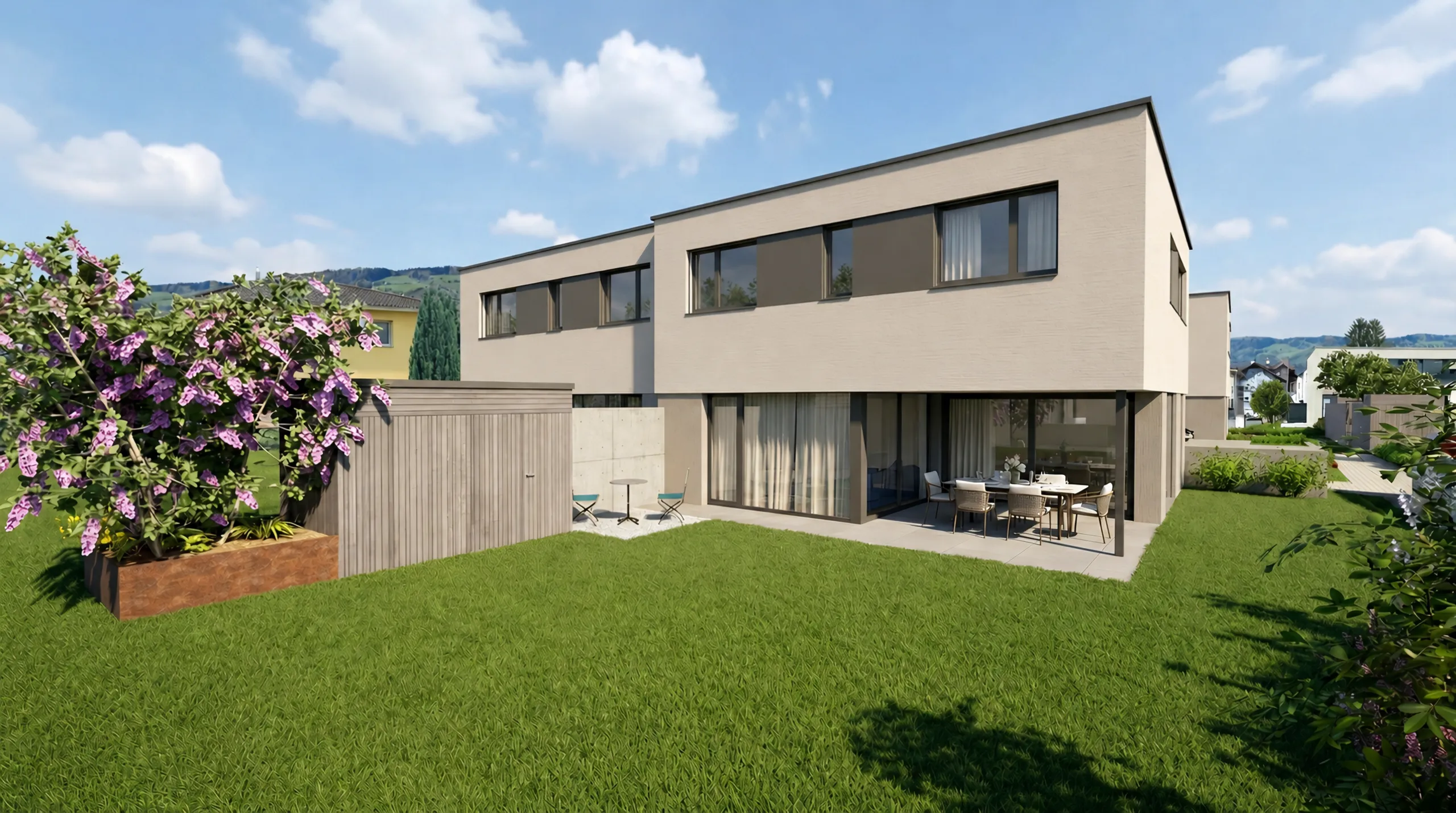 Aurea Quartier — Gartenseite des Doppeleinfamilienhauses mit Sitzplatz
