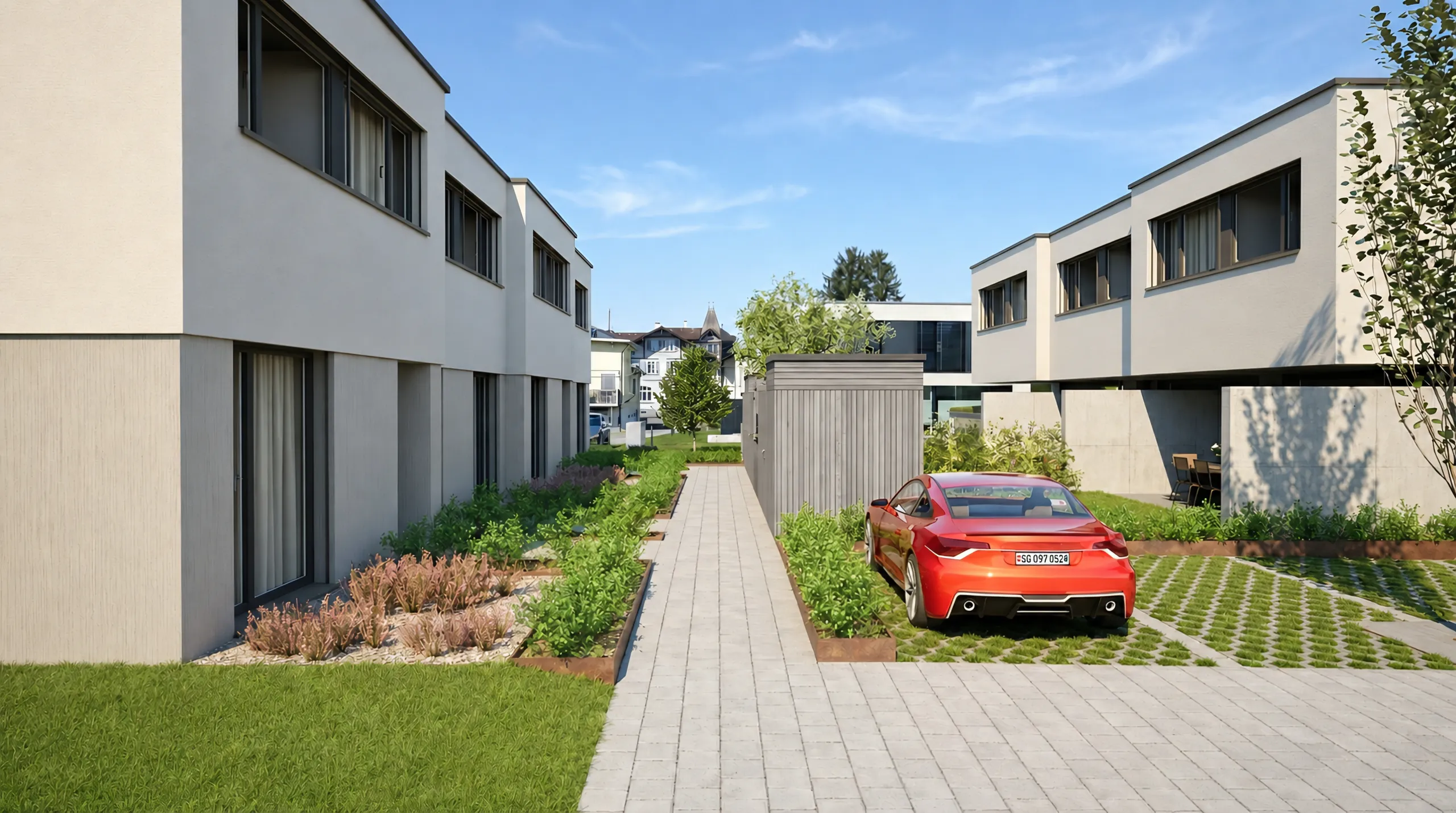 Aurea Quartier — Gartenseite mit begrünten Zwischenräumen
