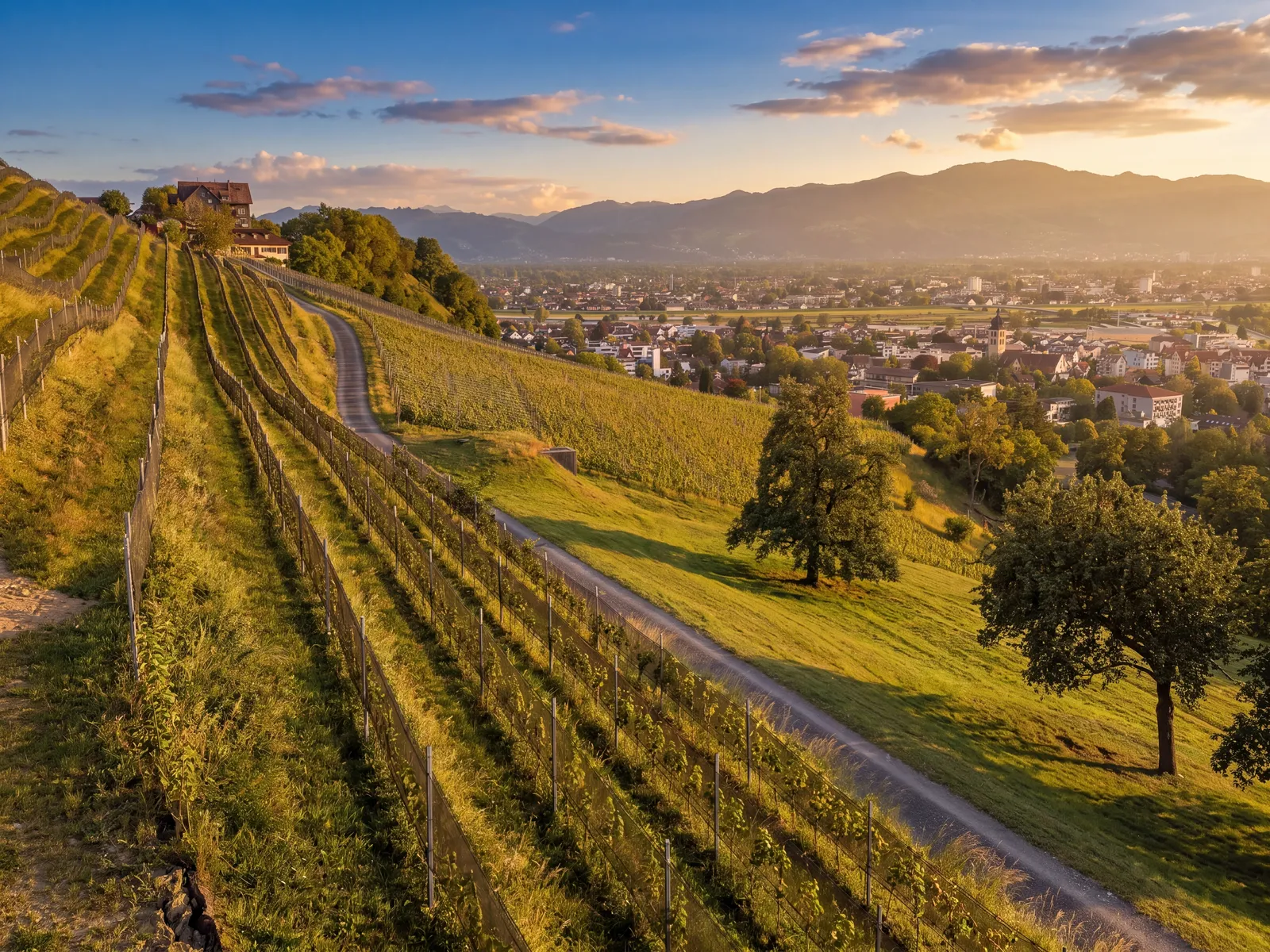 Abendlicht über den Rebbergen am Rheintalhang bei Au SG